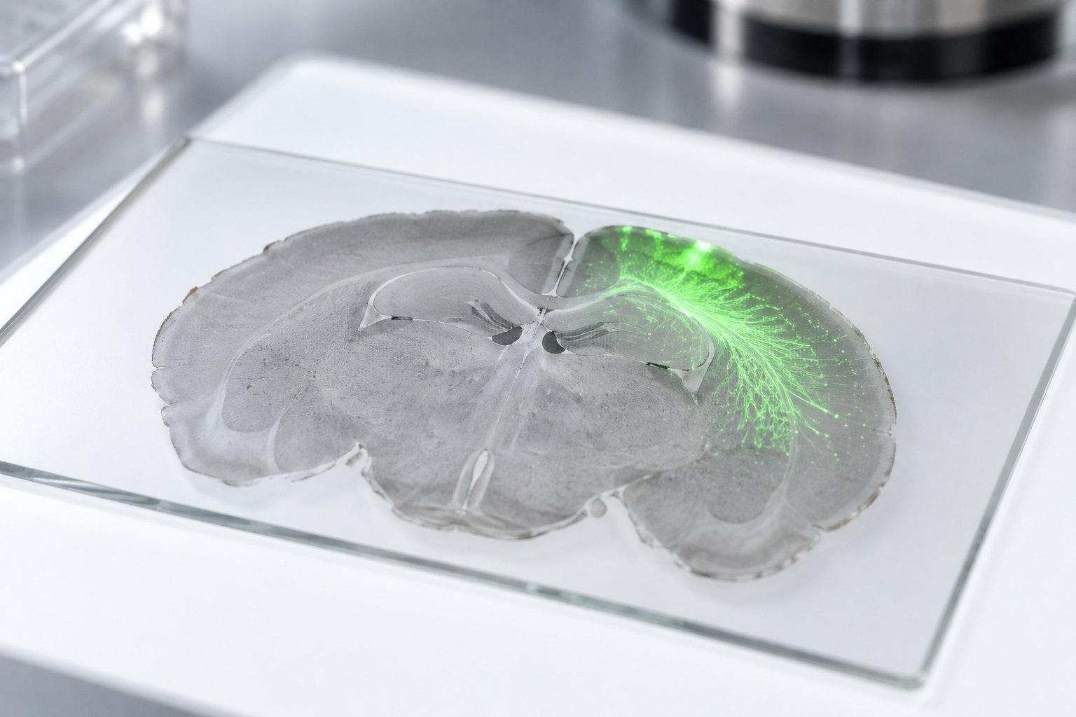 A mouse brain slice with glowing tracer fibres