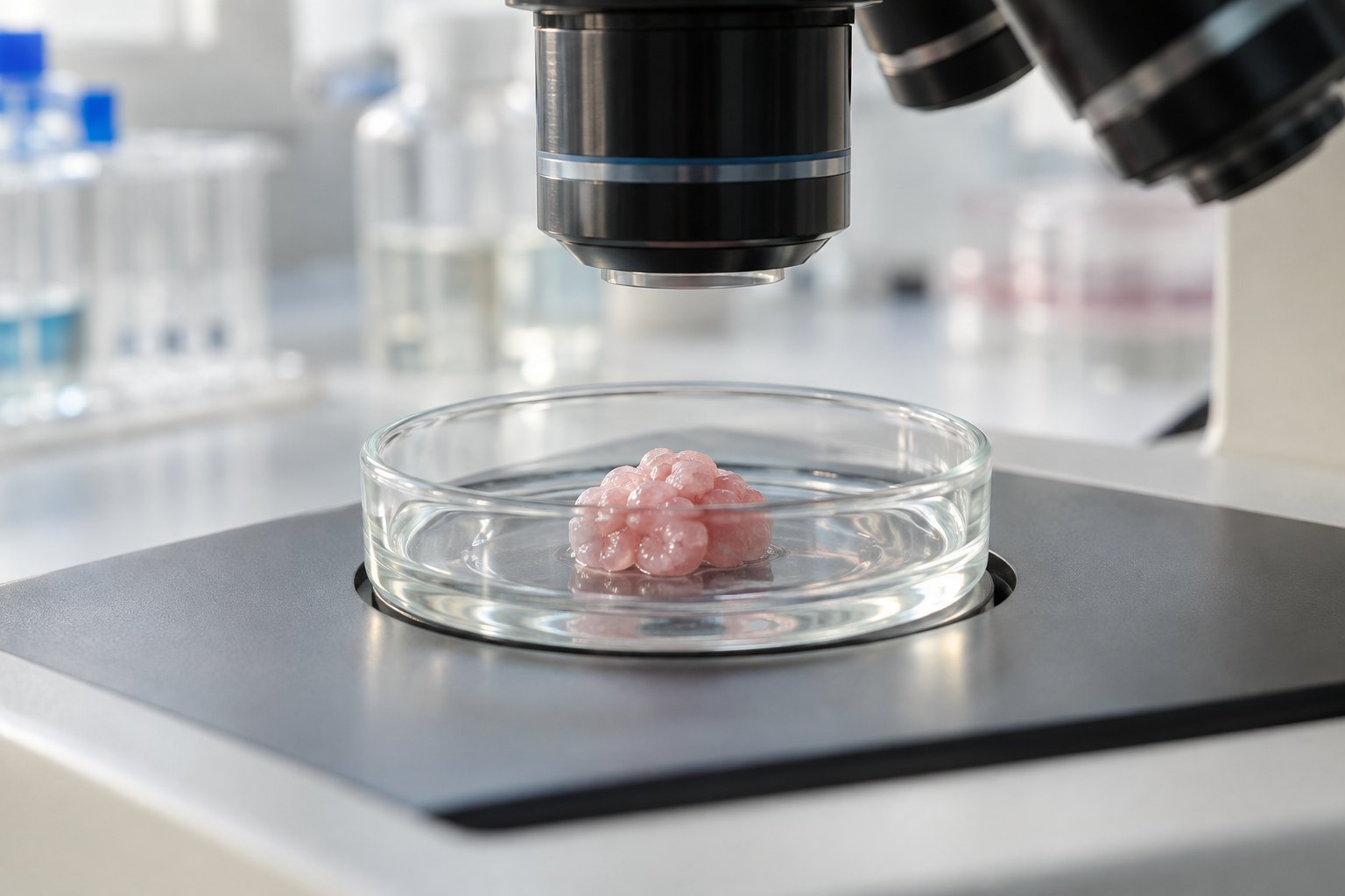 A petri dish of lab-grown brain tissue under a microscope